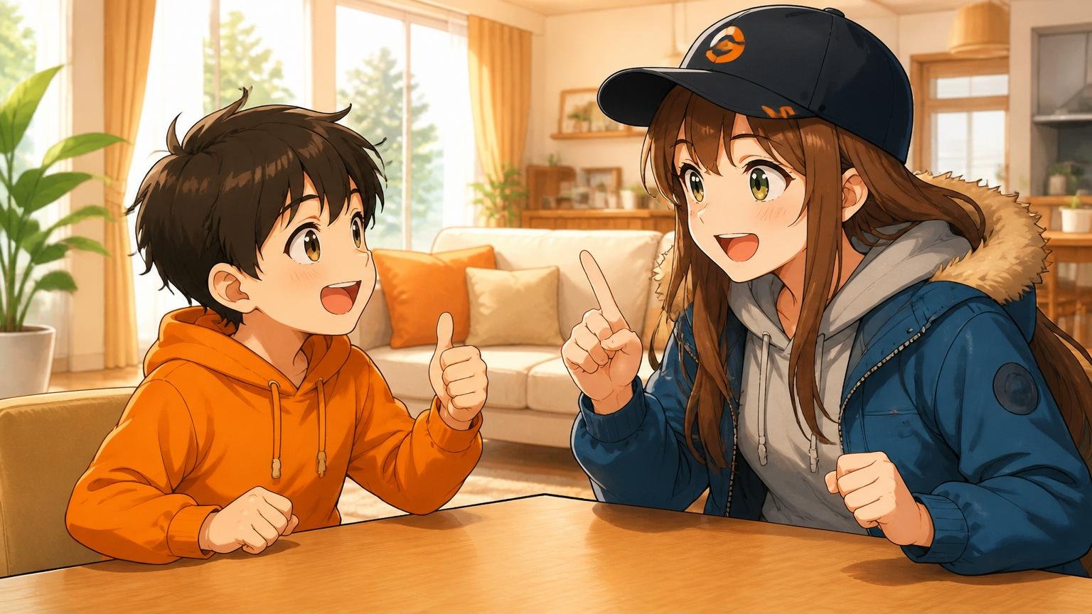 子どもと一緒にカスタムの作戦を話し合うブログキャラクターのイラスト