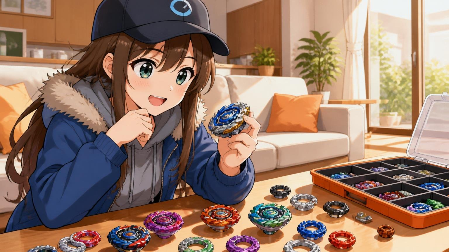 カスタムパーツを見比べるブログキャラクターのイラスト