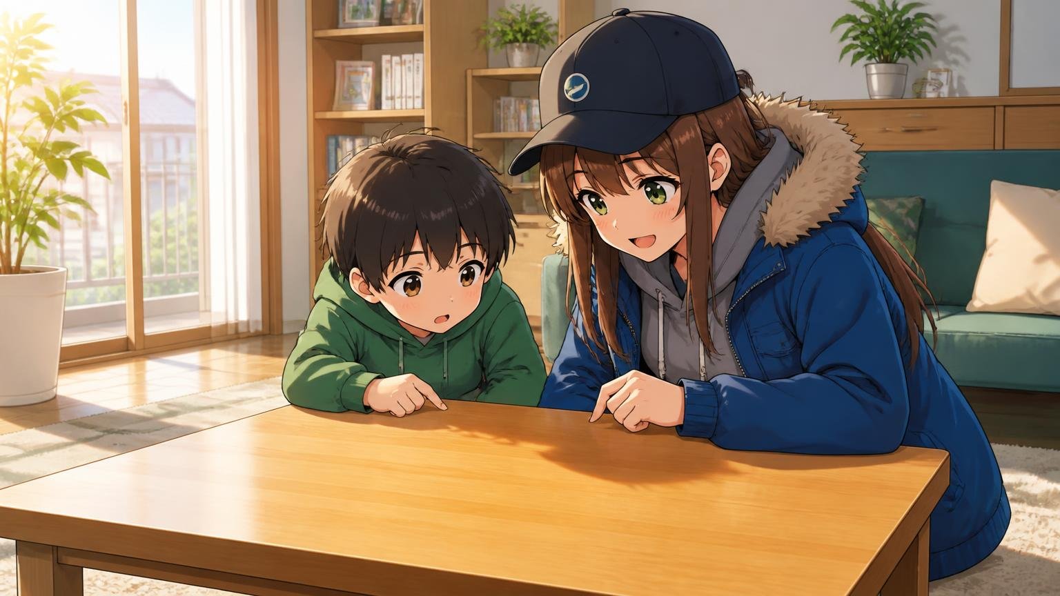 親子でベイのパーツを見比べているブログキャラクターのイラスト