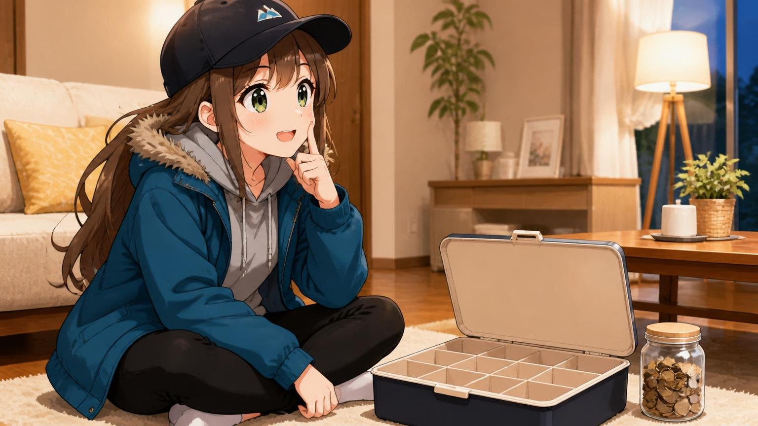 空のパーツケースを前に次に買うものを考えるブログキャラクターのイラスト