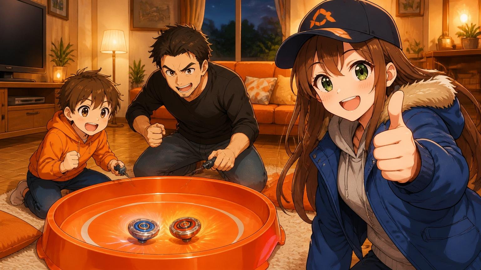 親子でベイブレードのバトルを楽しむイラスト