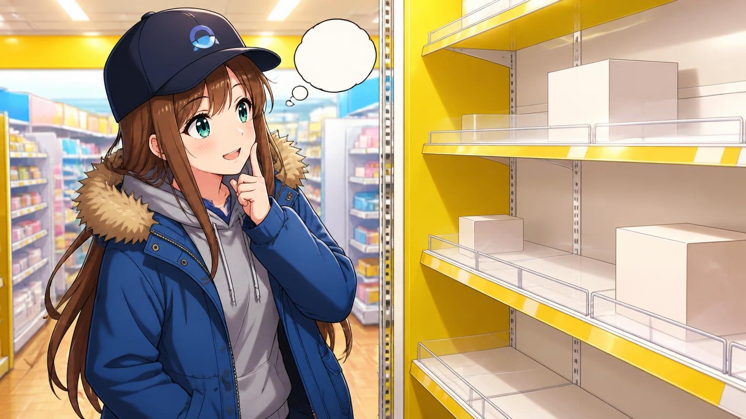 お店で商品を探して首をかしげるブログキャラクターのイラスト