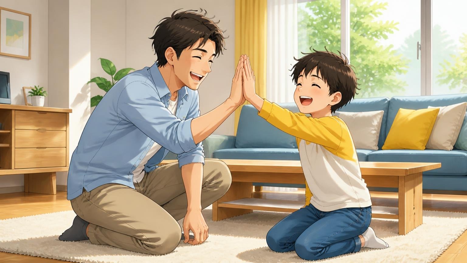 親子がハイタッチして笑い合っているイラスト