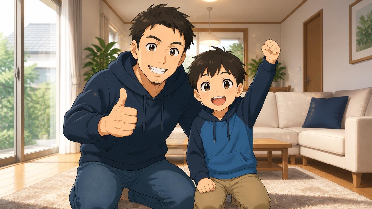 親子でベイブレードXを楽しむ運営者のイラスト