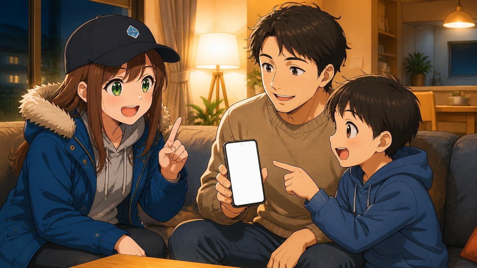 親子とブログキャラクターがスマホを見ながらどのスタジアムを買うか相談しているイラスト