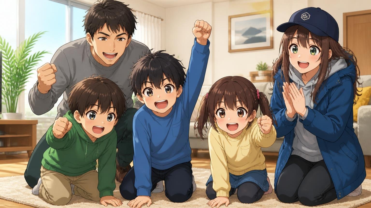 友人家族と子どもたちがリビングでバトルを見守りながら盛り上がっているイラスト
