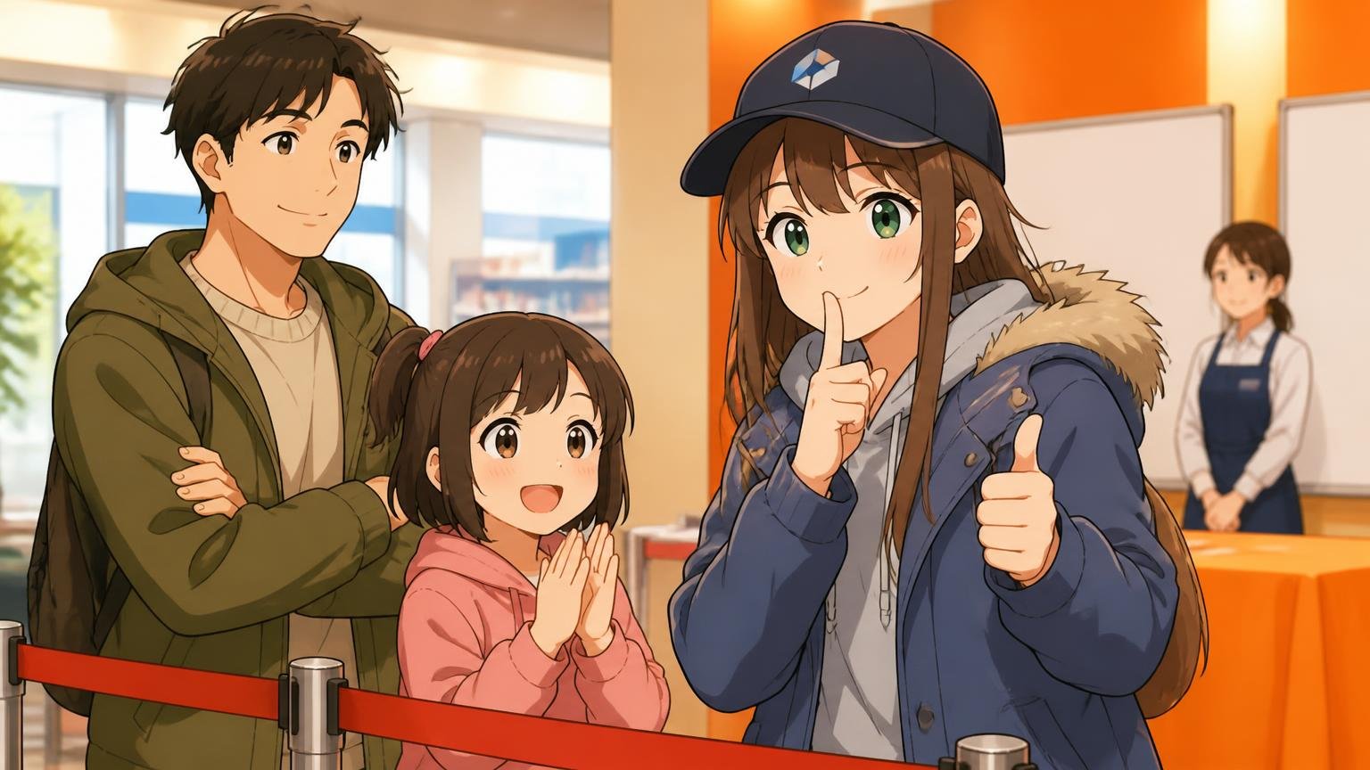 店内イベントの観戦スペースで親子とブログキャラクターが落ち着いて応援している情景のイラスト