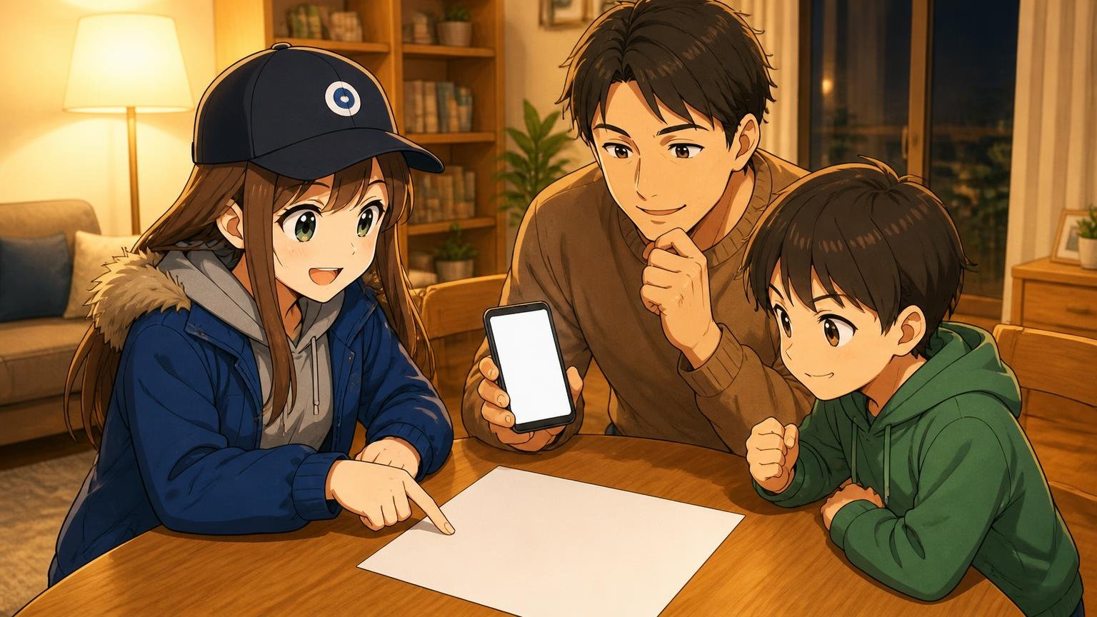 親子とブログキャラクターがリビングで大会前にルールを一緒に確認しているイラスト
