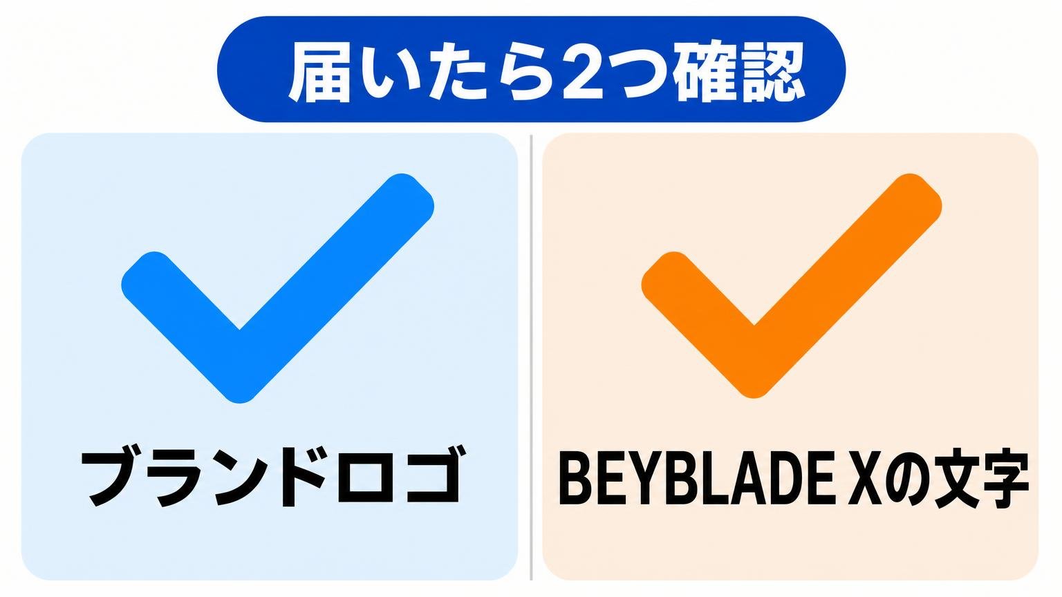 ブランドロゴの有無と「BEYBLADE X」の文字の有無という2つの確認項目を、チェックマーク付きの枠で左右対称に示した図解