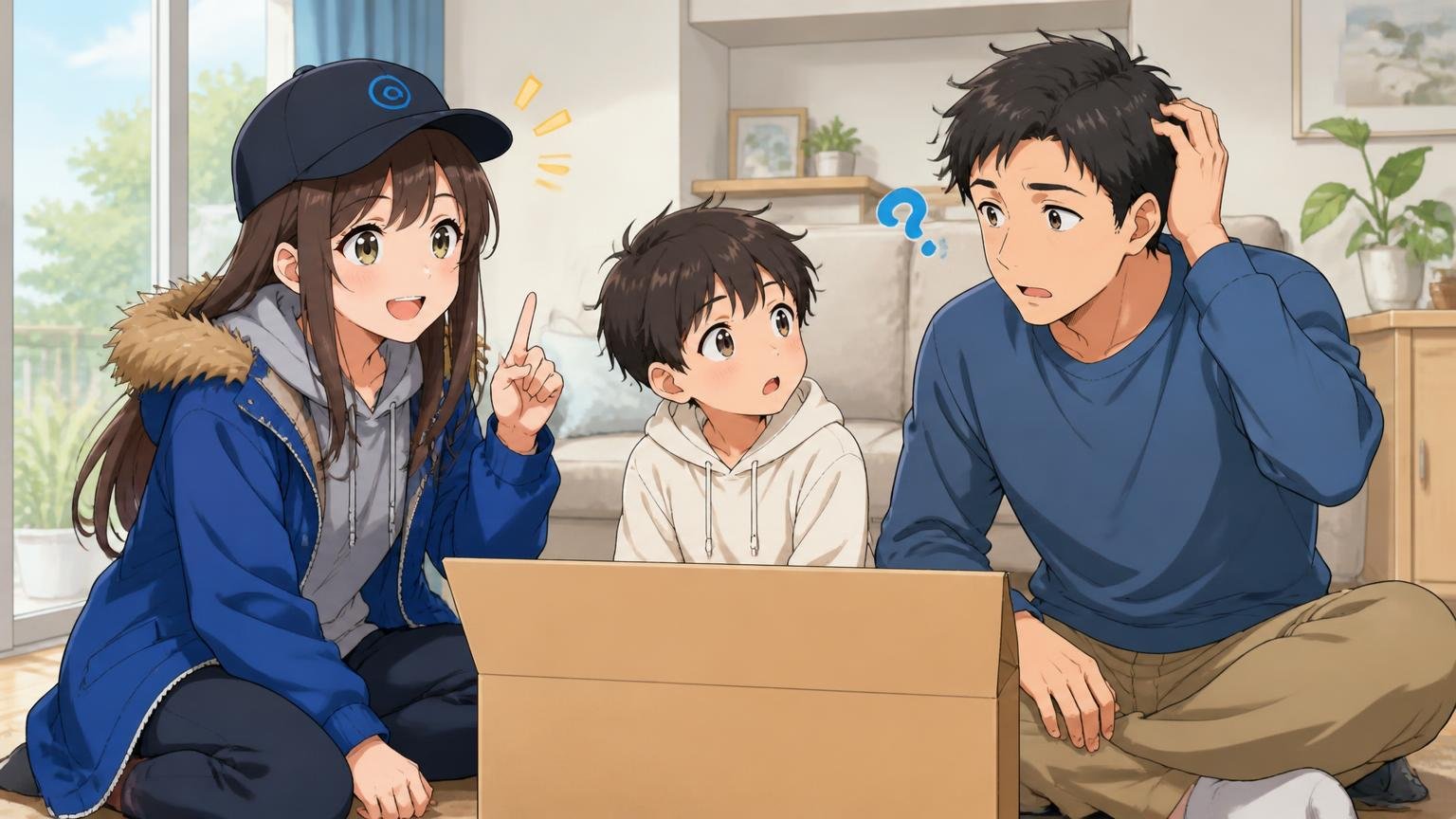 箱を開けて「あれ、足りない？」と顔を見合わせる父親と子ども、ブログキャラクターのイラスト