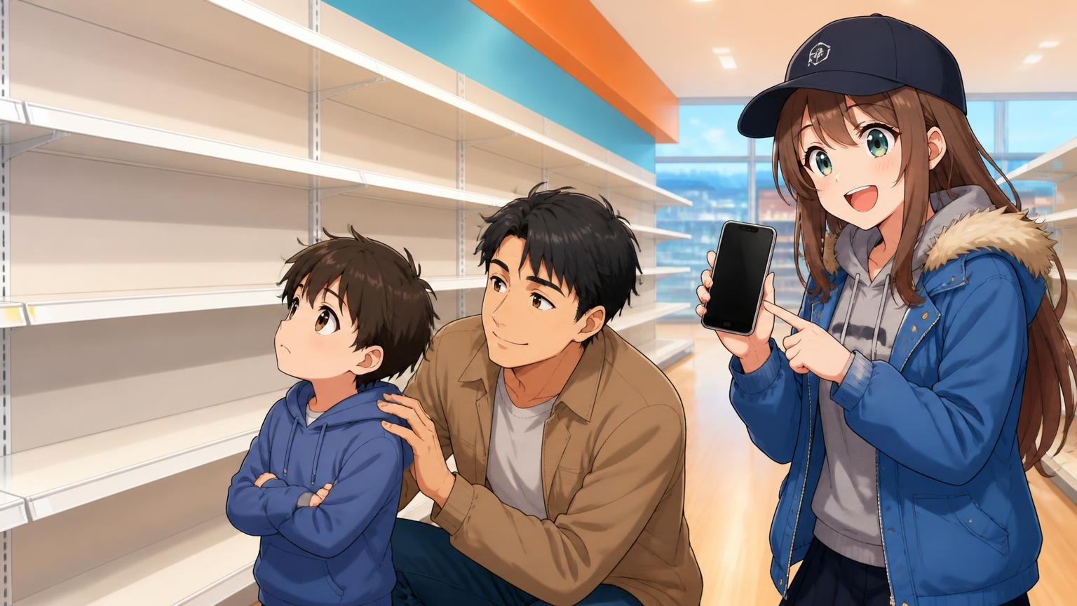 おもちゃ売り場の空っぽの棚の前で困る父親と子どもを、ブログキャラクターが励ましているイラスト