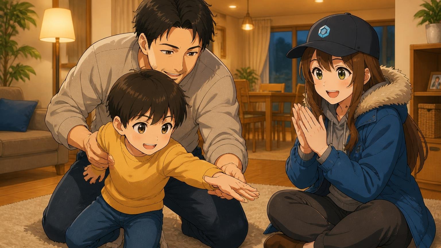 リビングで父親と子どもが笑顔で向かい合い、ブログキャラクターが見守っているイラスト