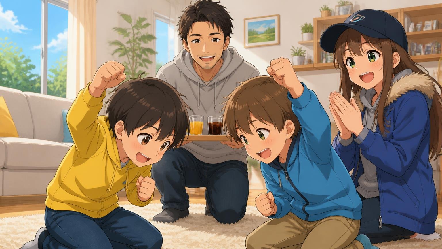 遊びに来た友達と子どもがリビングで盛り上がり、父親とブログキャラクターが見守っているイラスト