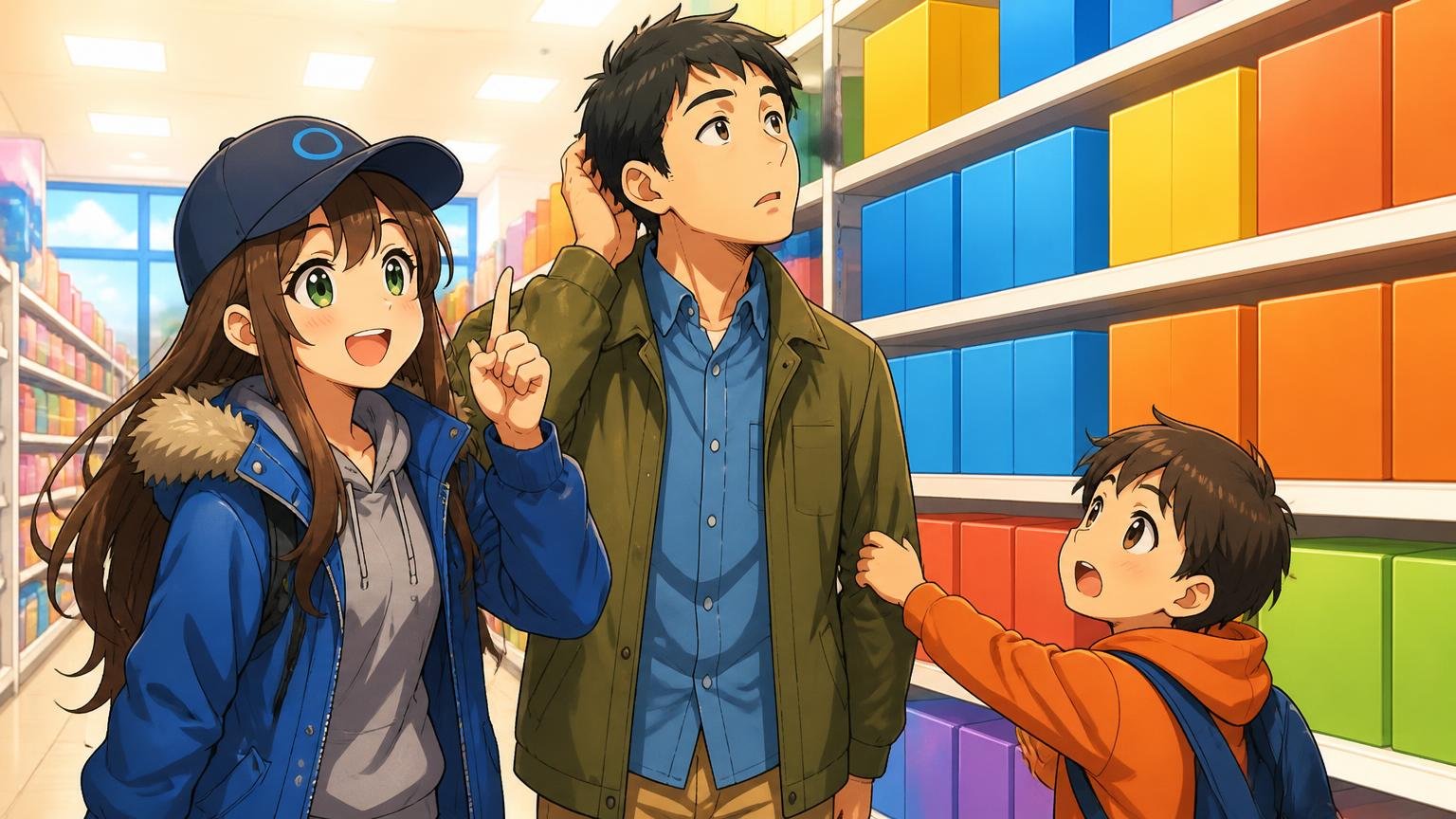 お店の棚の前で「どれを買えばいいの?」と迷う父親と子どもに、ブログキャラクターが指を立てて説明しているイラスト